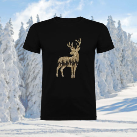 vêtement noir coton col rond animal cerf paillette or dore noël