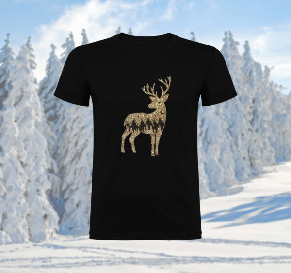 vêtement noir coton col rond animal cerf paillette or dore noël