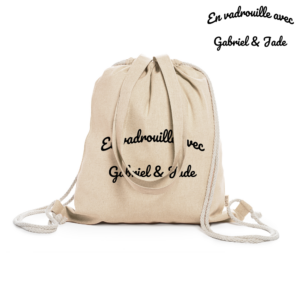 Sac Tote bag Cordelette beige personnalisé "En vadrouille avec Gabriel & Jade" Noir